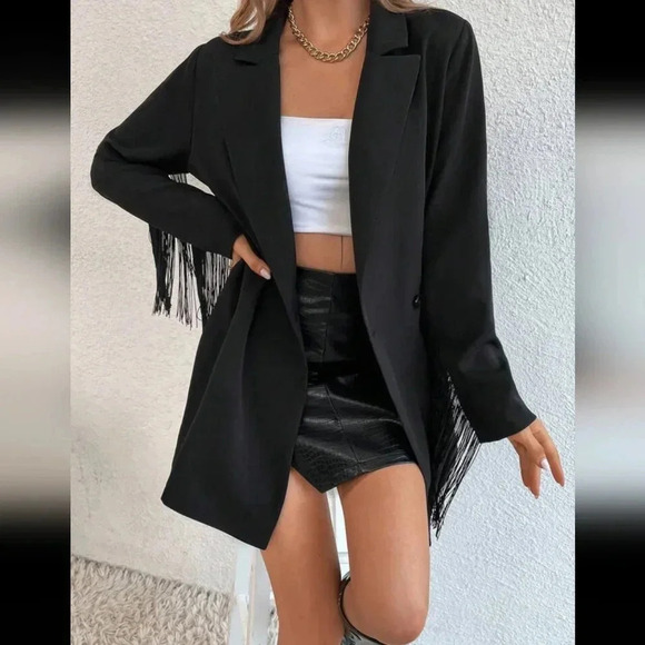 Lapel Neck Fringe Trim Longline Blazer - Picture 3 of 6